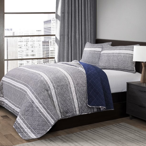 Lush Decor Marlton Stripe Geometric Cotton Quilt, Full/Queen, Gray, 3