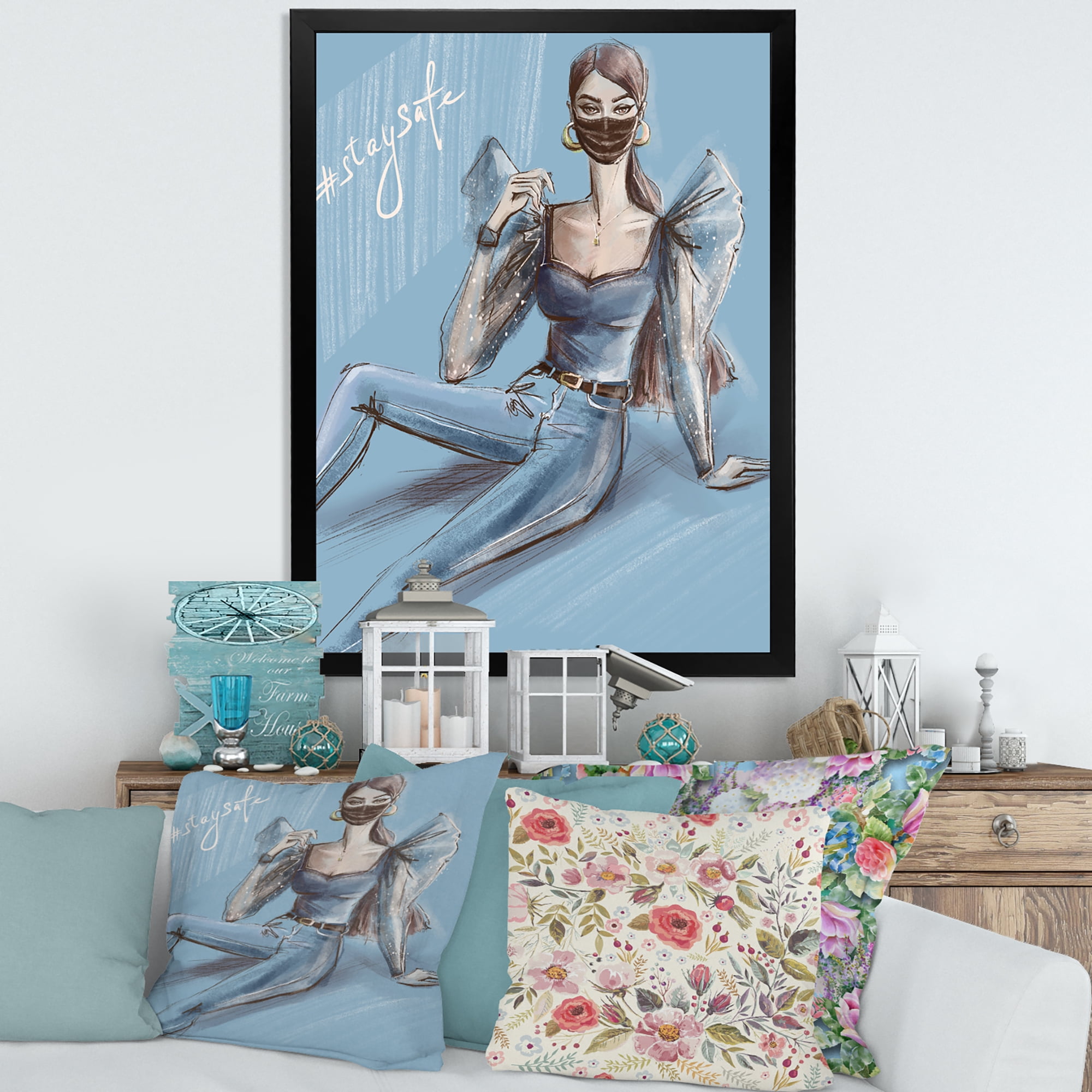 Designart 'Stylish Beautiful Woman Wearing Medical Mask' Traditional Framed Art Print
