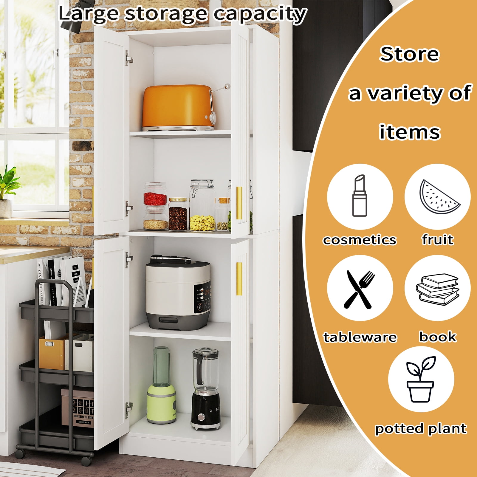 67.7” Tall Modern Storage Cabinet with 2 Adjustable Shelves, Bathroom Cabinet with 4 Doors, Kitchen Cabinets, Cupboard for Kitchen, Living Room