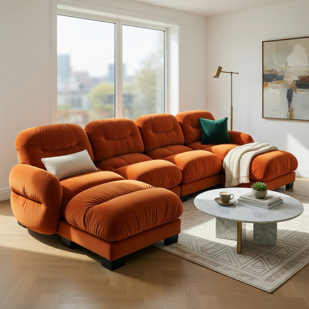 Hommoo Chenille 4-Piece L-Shaped Modular Sectional Sofa Set with Ottoman, Ergonomic High-Density Foam Cushions, Curved Armrests & 2 Throw Pillows, Pleated Back Design, Orange