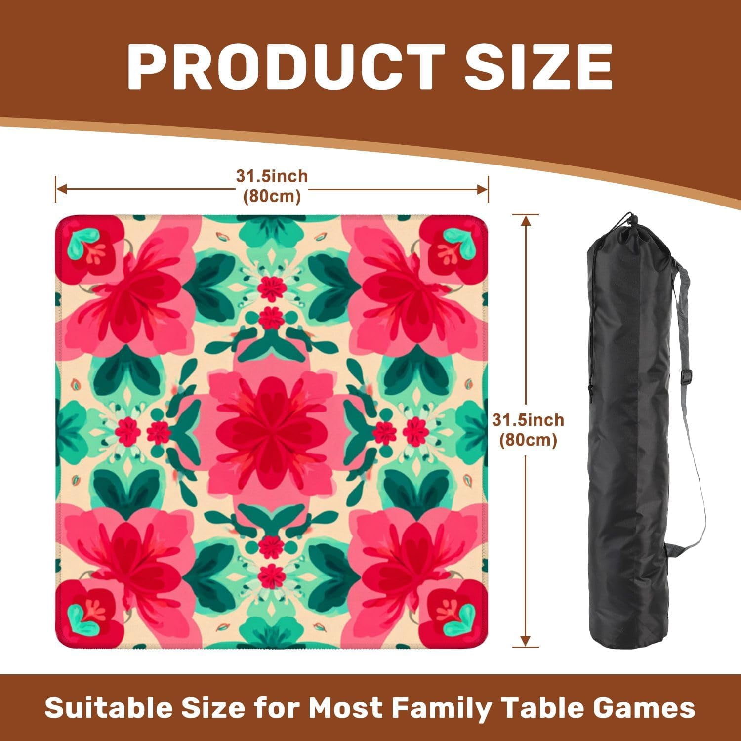 Mahjong Mat 31.5" x 31.5" Floral Vibrant Red Green Blooms Cream Non-Slip Noise Reduction Mahjong Tiles Table Cover for Dominoes Poker Card Board and Tile Games