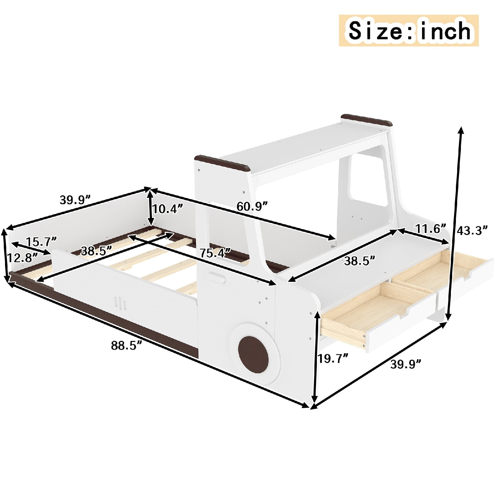 Twin Size Floor Bed Frame with Interesting Car-shape Design and Build-in Desk, Car Floor Bed with Storage Drawers and Small Window for Bedroom, Apartment, Easy Assembly, Mattress Not Included, White
