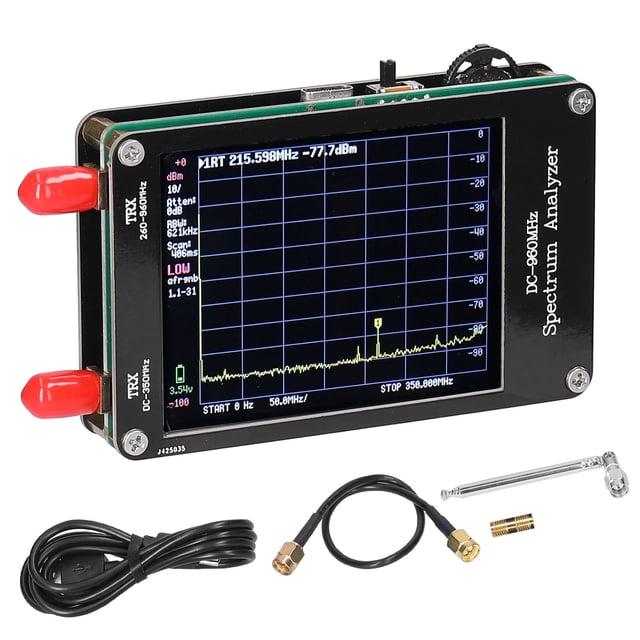 Dual-Input Handheld Spectrum Analyzer with 2.8" Color Touchscreen, 100KHz-350MHz & 260-960MHz Ranges, 4 Modes, 50dB Spur Dynamic Range, 3-600KHz Resolution, 600mAh Battery (2+ Hr Use), Includes
