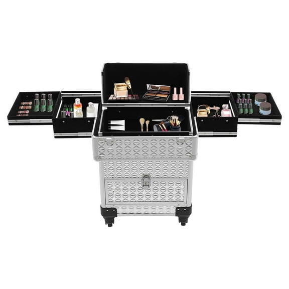 Multi-functional Rolling Makeup Case with Drawers, Cosmetic Trolley with Wheels and Keys, for Nail Technicians, Makeup Artist and Hairstylist