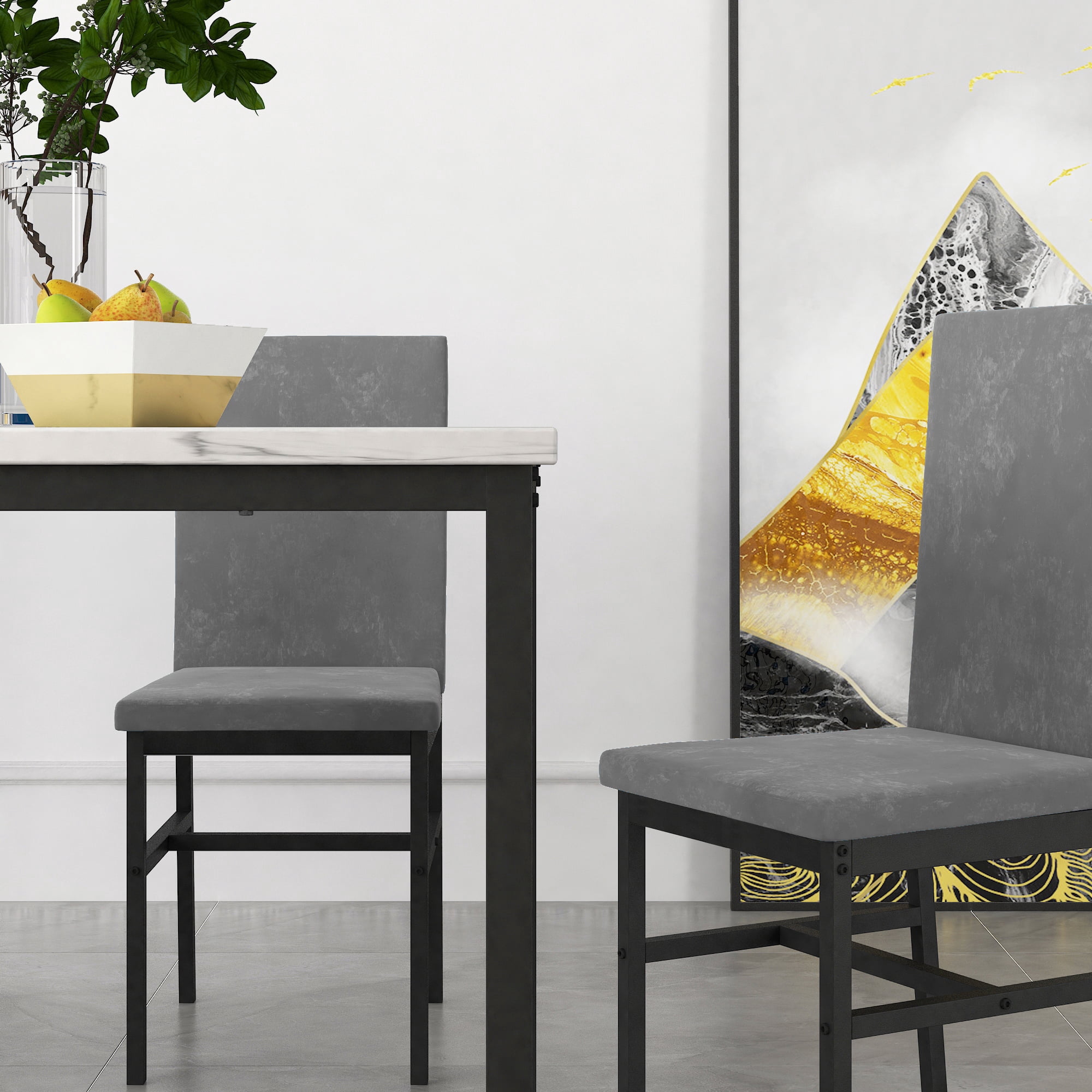 UHOMEPRO 5 Pieces Dining Table Set, Marble Top Dining Table and Chairs Set for 4, Gray Sturdy Iron Frame Dining Room Table Set with 4 Velvet Upholstered Chairs for Small Dining Room