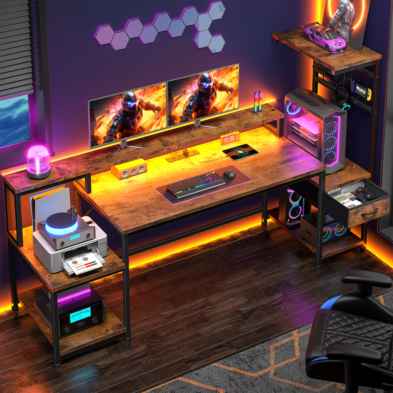 Romorgniz 63"W Gaming Desk Computer Desk with Hutch Corner Desk with LED Lights， Outlets & Monitor Stand for Gaming,Studying,Home Office Desks,Rustic Brown