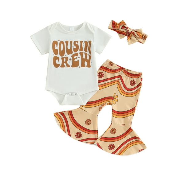 Baby Girls Summer Bell Bottoms Outfits Short Sleeve Romper Floral Print Flared Pants Headband Sets