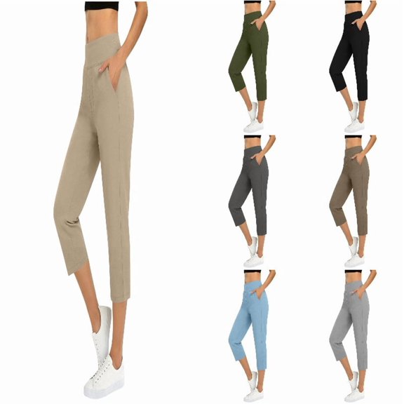 DGMIOCS Capris For Women With Pockets Golf Pants 7/8 High Waisted Stretch Pull On Ankle Business Casual Travel Athletic Work Size: M Beige