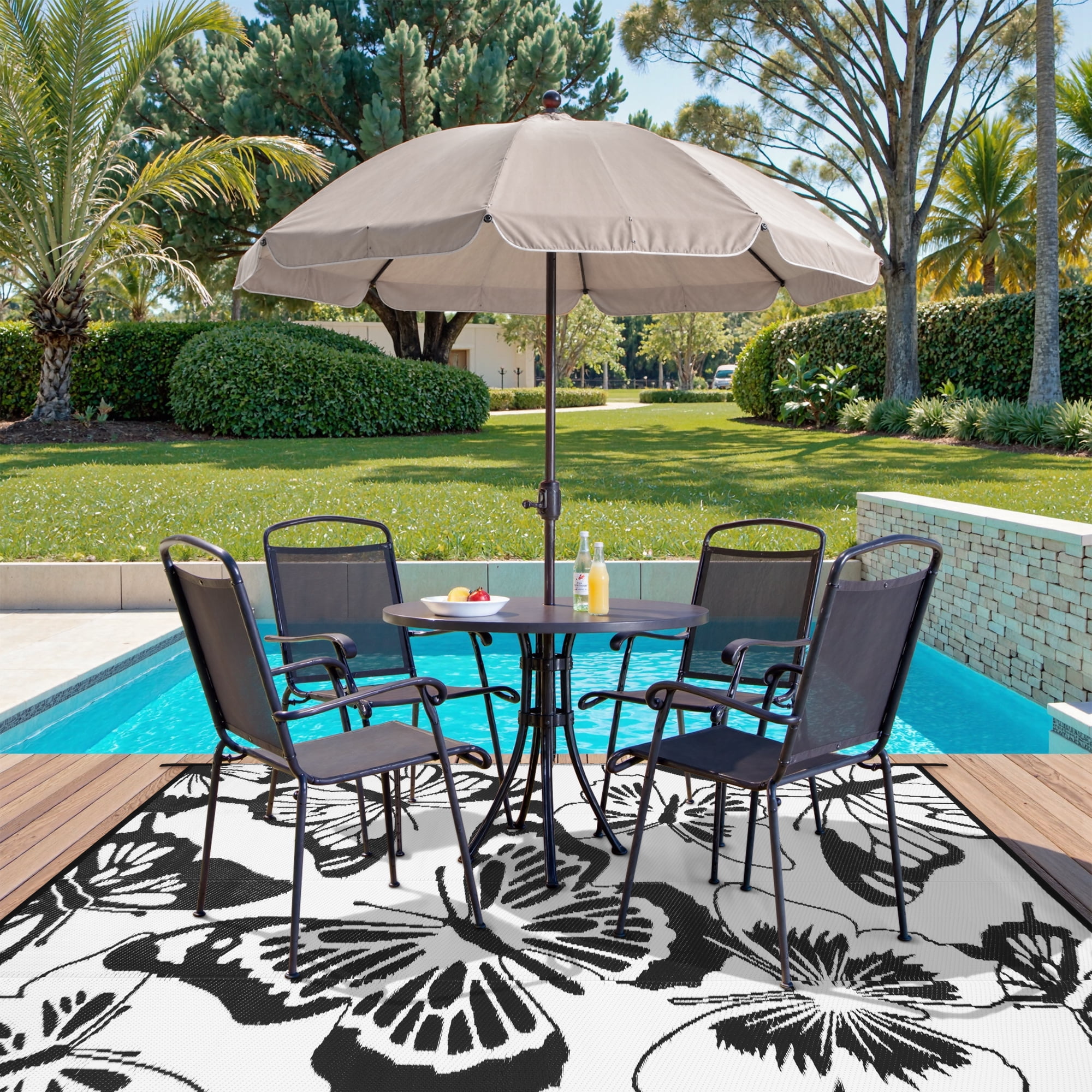 Lahome 6x9 Butterfly Outdoor Rug, Large Black&White Waterproof Reversible Patio Rugs, Portable Plastic Straw Carpet for Garden Backyard Beach