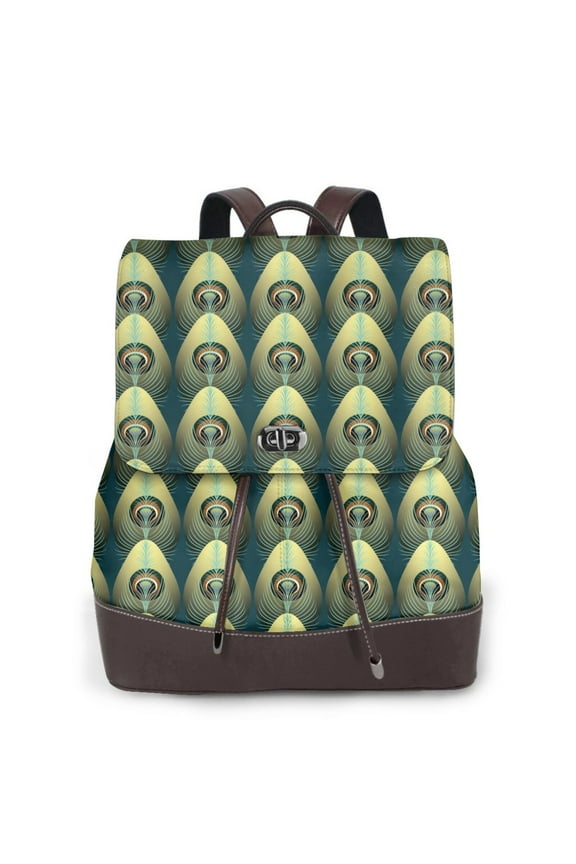 Peacock Gold Feather Print Large Backpack Soft Leather for Women Travel with Compartment, Adjustable Convertible Strap