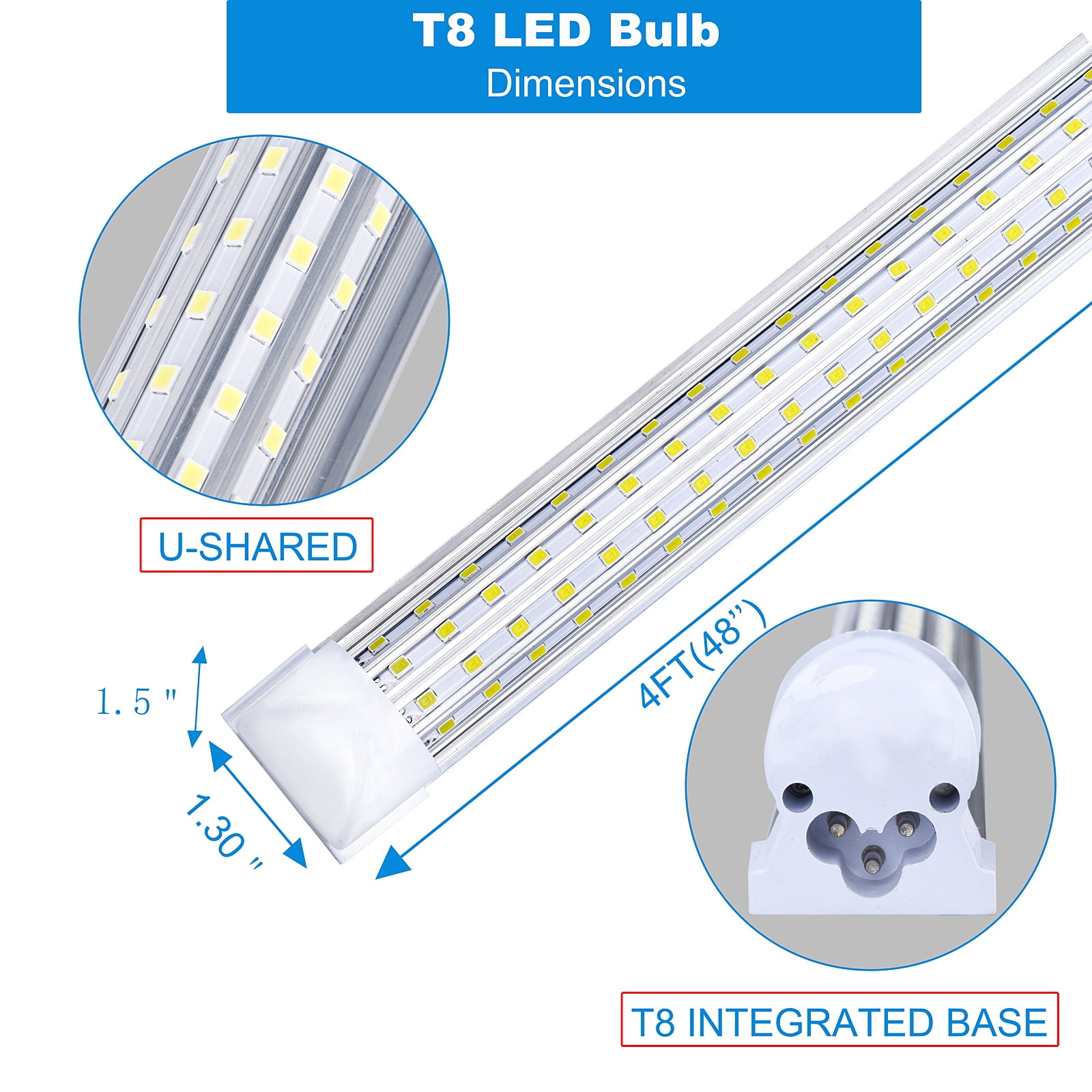 20-Pack LED Shop Light 4ft, T8, 50W Daylight White 6500LM Clear Cover, U Type