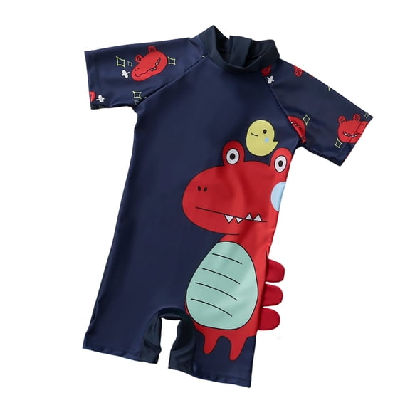 Rggeeun Child Boys Swimsuit Set 1Pc Cartoon Dinosaur Print Short Sleeve Crew Neck Above Knee Elastic for Summer Beach Lounging Trendy Beachwear,Blue,5-6 Years