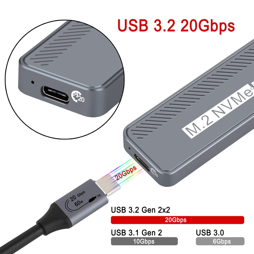 M.2 NVMe SSD Enclosure USB3.2 20Gbps Type-C SSD Enclosure for 2230/2242/2260/2280 NVME SSD M Key External Case Box,1 x 20Gbps M.2 NVMe Case 1 x TYPE-C to TYPE-C Cable,Gray
