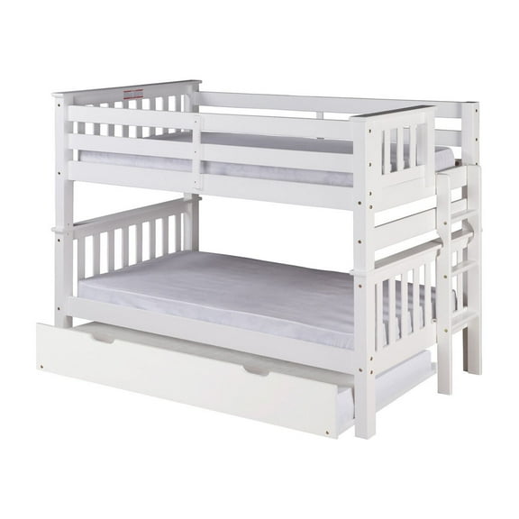 Santa Fe Mission Low Bunk Bed Twin over Twin - Bed End Ladder - Multiple Finishes - with Twin Size Under Bed Trundle 100% Solid Wood