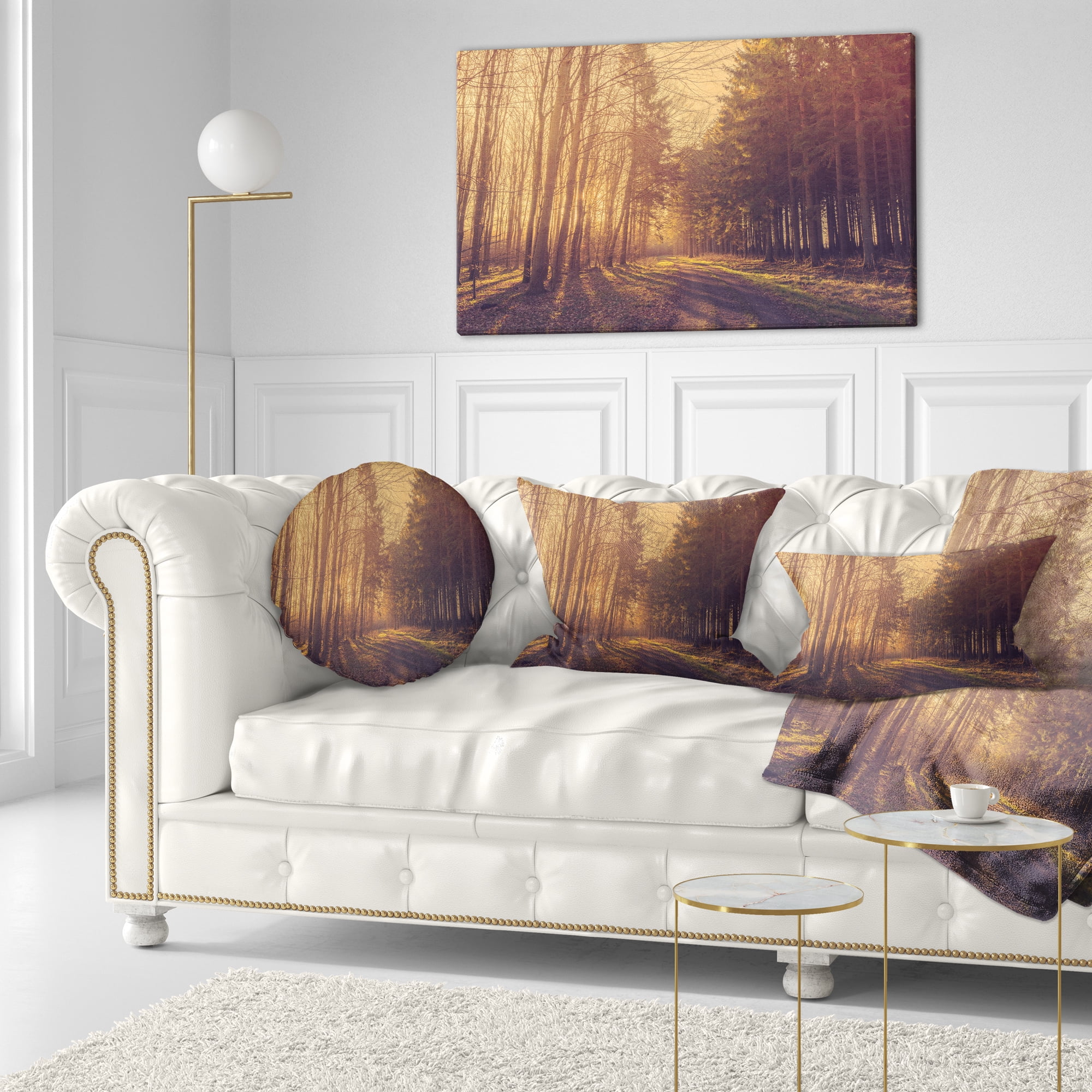 Designart Pine Tree Forest by Road - Landscape Photo Throw Pillow - 12x20