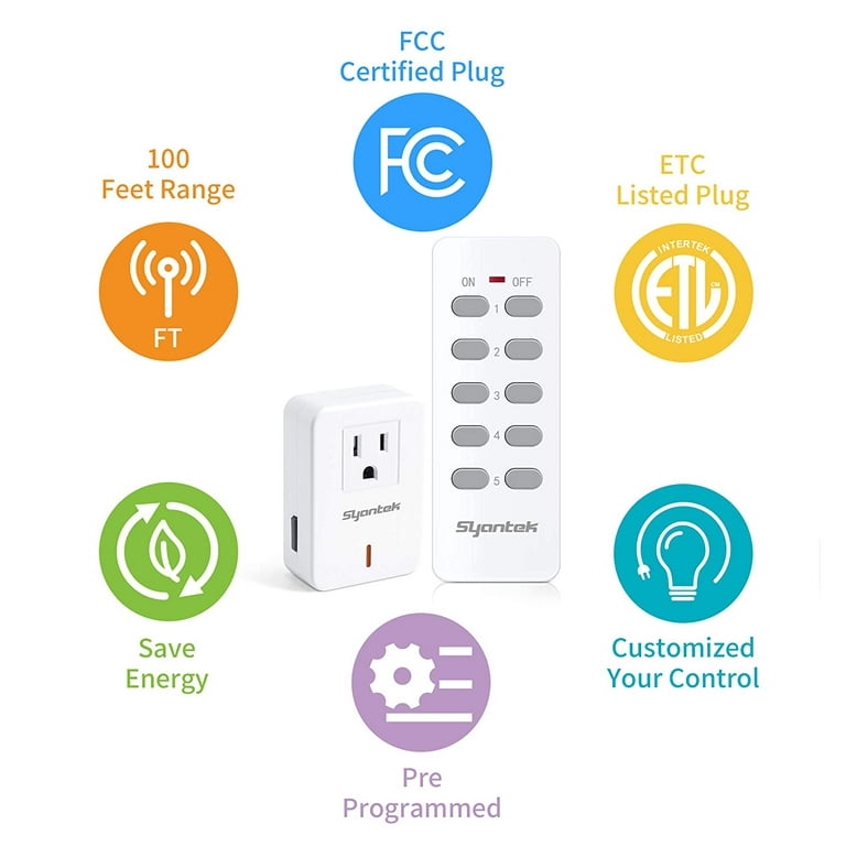 Syantek Remote Control Outlet Wireless Light Switch for Household  Appliances, Expandable Remote Light Switch Kit, Up to 100 ft Range, FCC  Certified, ETL Listed, White (5 Outlets + 2 Remotes) 