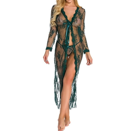 

Paille Women Nightwear Long Sleeve Chemise Cardigan Lace Lingerie Robe Maxi Deep V Neck Sleepwear Gift Babydoll Dark Green XL