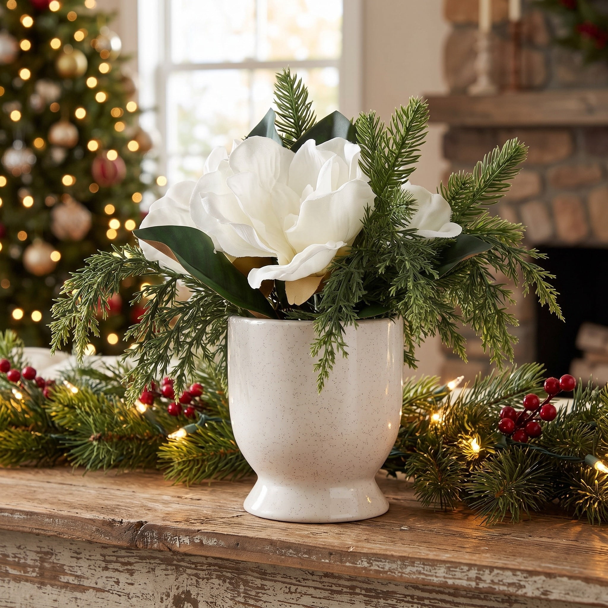 My Texas House Evergreen and Magnolia Christmas Arrangement in Pot, Green and White, 12"