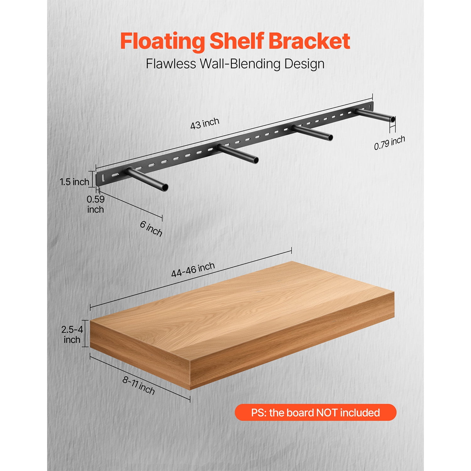 KFFKFF Floating Shelf Bracket 1 Pack, 230 lbs/104 kg Load Capacity, 43x6.2x1.5 inch / 1092.2x157.4x38.1 mm, Durable Hidden Shelf Support, Wall-Mounted Concealed Shelf Bracket