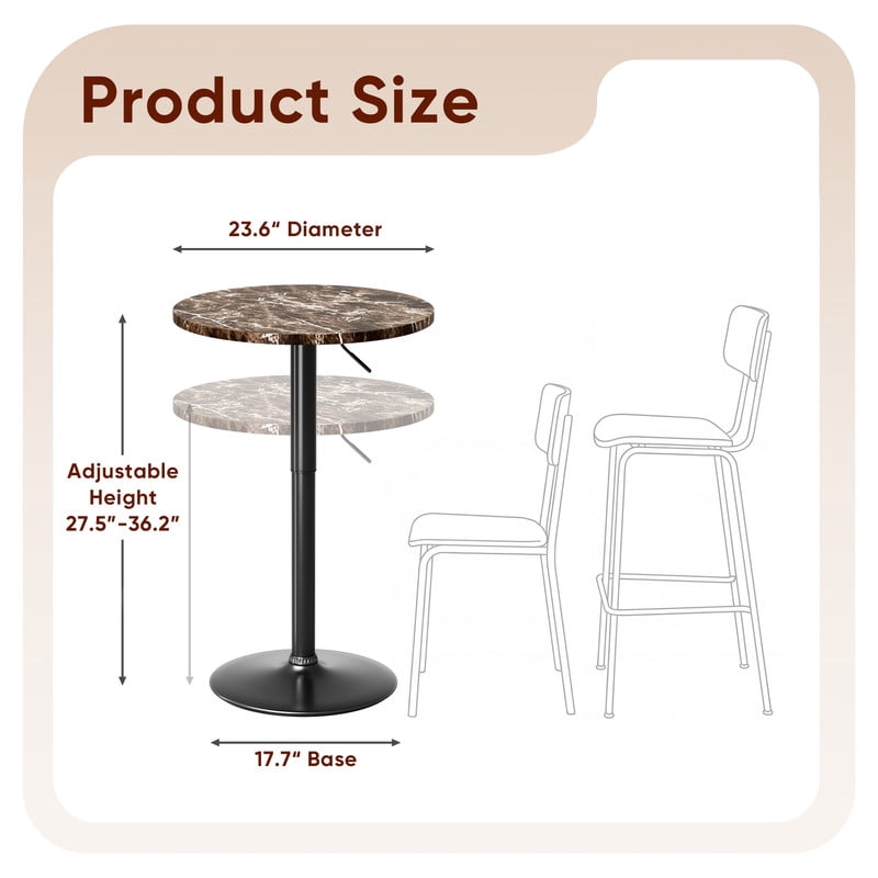 Lacoo 2 Pcs 23.6" Adjustable Round Bistro Pub Table, Swivel Pub Table with Metal Base for Home Bar, Kitchen, Dining Room, Faux Marble/Black
