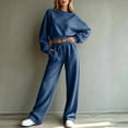 thumbnail image 6 of Sweatsuits Women 2 Piece Outfit 2026 Solid Drawstring Wide Leg Sweatpants Crew Neck Long Sleeve Cropped Tracksuit Dark Blue XL, 6 of 7