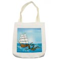 thumbnail image 1 of Kraken Tote Bag, Old Sailing Ship in Waves and Kraken Adventure Journey Travel Graphic Image Print, Cloth Linen Reusable Bag for Shopping Books Beach and More, 16.5" X 14", Cream, by Ambesonne, 1 of 2