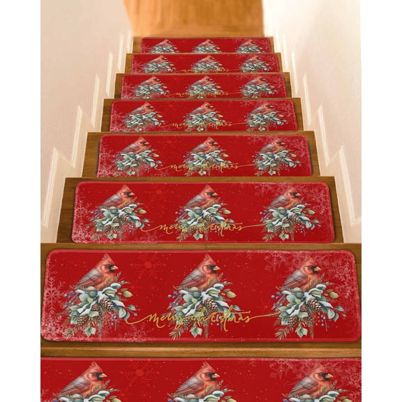 Christmas Stair Treads for Wooden Steps Indoor Runner Rug Carpet, Winter Red Cardinal Pine Cone Branches Berry 7 Pieces Peel and Stick Staircase Step Treads Covers Washable Throw Door Mats, 30"x8"