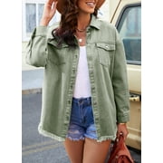 Eytino Womens Oversized Denim Jacket Casual Long Boyfriend Jean Jacket for Autumn Spring Green L Female
