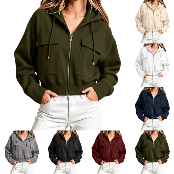 Women's Cropped Zip‑up Hoodie Jacket, Long Sleeve Drawstring Hooded Jacket with Flap Cargo Pockets, Loose Casual Sweatshirt for Fall Daily Green L