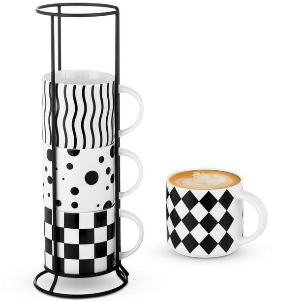 Tazas de café de cerámica con soporte, juego de 4 tazas de porcelana apilables con rejilla de metal, tazas de capuchino con textura geométrica de 15.4 oz para té, cacao, café con leche, aptas para lav
