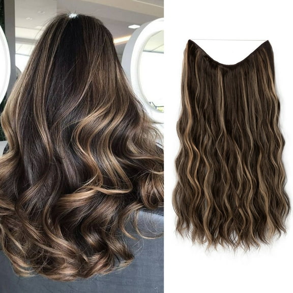Long Wavy Synthetic Clip In Hair Extensions For Women Adjustable Brown Wire Hairpiece With Transparent Headband 20 Inch