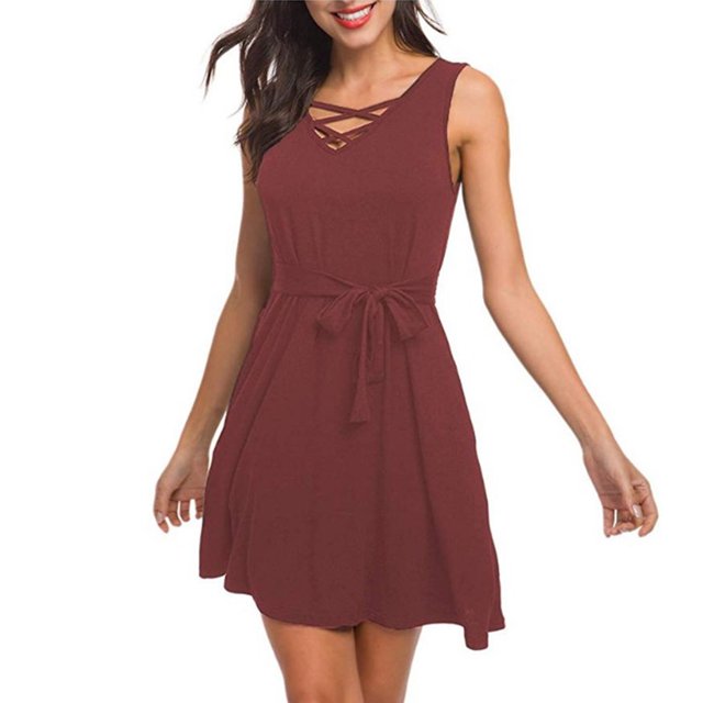 CEHVOM Ladies Solid Color Cross Strap V-Neck Belt Sleeveless Vest Mini Dress