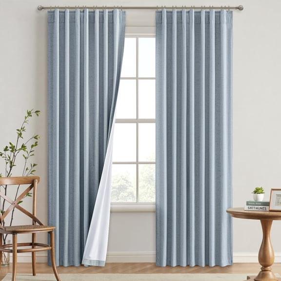 Chambray Blue Linen Blackout Curtains 90 inch Long 2 Panels Set for Bedroom Back Tab Thermal Insulated 100% Black Out Drapes Pinch Pleated Hooks Room Darkening Window Curtain for Living Room