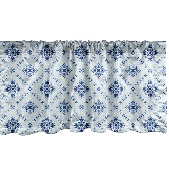 Azulejo Window Valance Pack of 2, Repetitive Talavera Ethnic Style Pattern in Blue Tones Illustration, Rod Pocket Curtain Valances for Kitchen Bedroom, 54" X 18", Pale Blue Night Blue, by Ambesonne