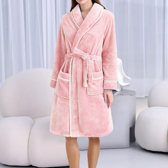 Fanxing Short Plush Robes for Women Flannel Shawl Collar Bathrobe Soft Shaggy Warm Loungewear Long Sleeve Nightgown Khaki M