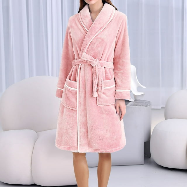 Batas para mujer, bata de baño lisa con vendaje, pijama largo, ropa de dormir con bolsillo en la cintura y cinturones.