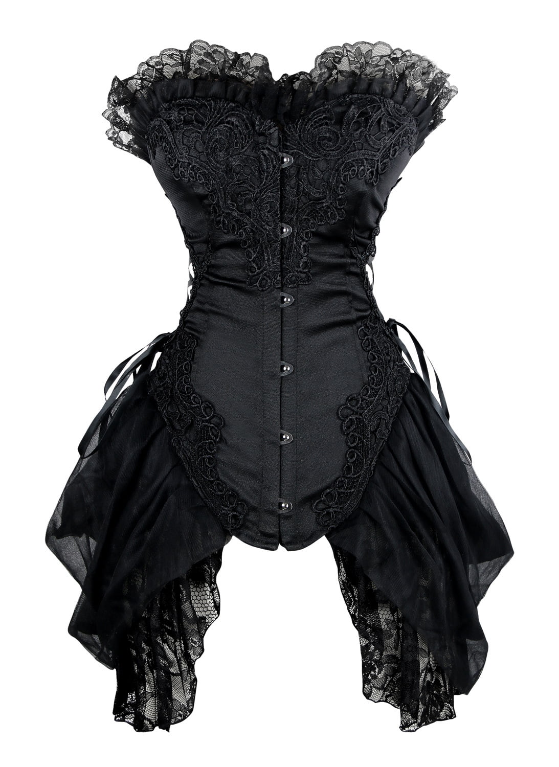 Grebrafan Gothic Striped Corset Push up Bustier with Multi Layer lace Skirt