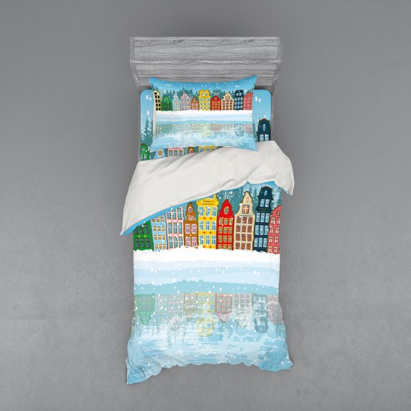 Ambesonne Winter Bedding Set 3 Pcs, Christmas Houses Sea, Twin XL, Multicolor