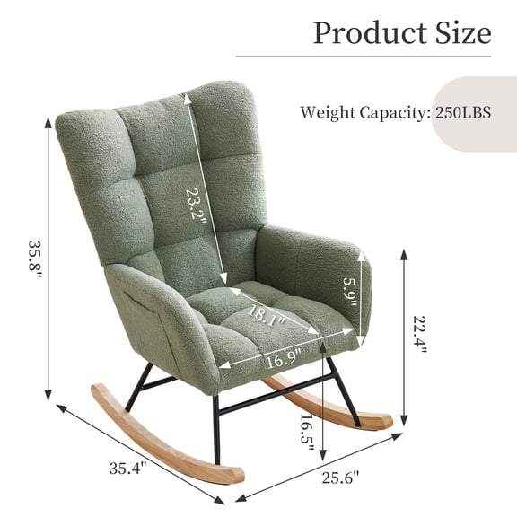 Upholstered Rocking Chair with High Backrest and Ergonomic Armrests, Stuffed Animal Side Pockets Sturdy Metal Legs Wood Base for Living Room Nursery
