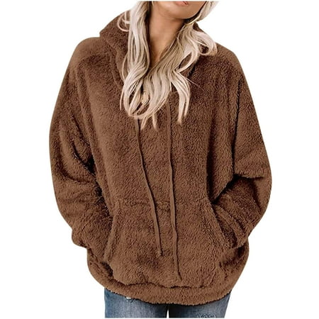 

Ziloco Women s New Long Sleeve Hooded Jacket Solid Color Pocket Casual Loose Plush Sweater women s fall dresses bustier tops for women Brown XL