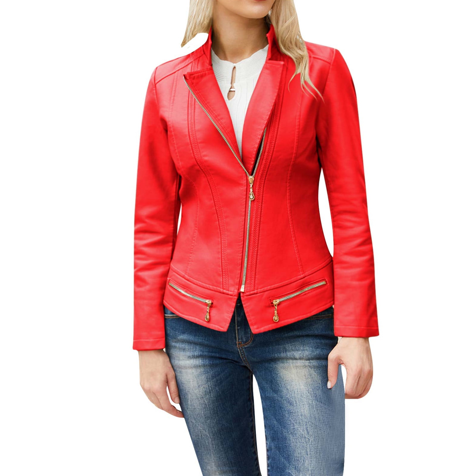 Faux Leather Moto Biker Jacket Women Zipper Lapel Collar Motorcycle Fitted Fall Coats Outwear Plus Size Long Sleeve (XX-Large, Red)