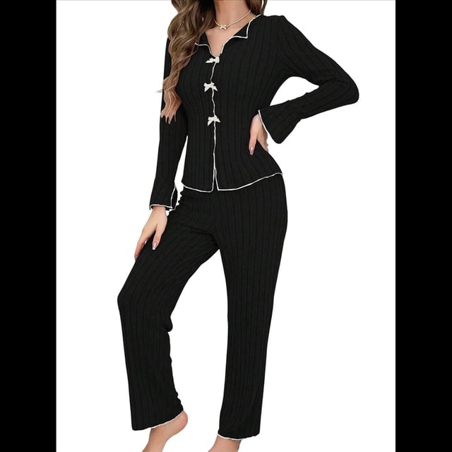 Conjunto de Pijama y Pantalón de Punto Acanalado Informal de Dos Piezas para Mujer, de Otoño, Súper Suave. Negro M