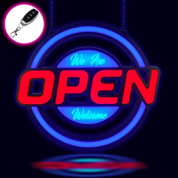 Large Open Sign for Stores - Round Ultra Bright LED Open Neon Sign for Business w/ Key Fob Remote Control - Animated Flashing LED Open Signs, Shop Light ( 21" x 19" Circle, Red & Blue )