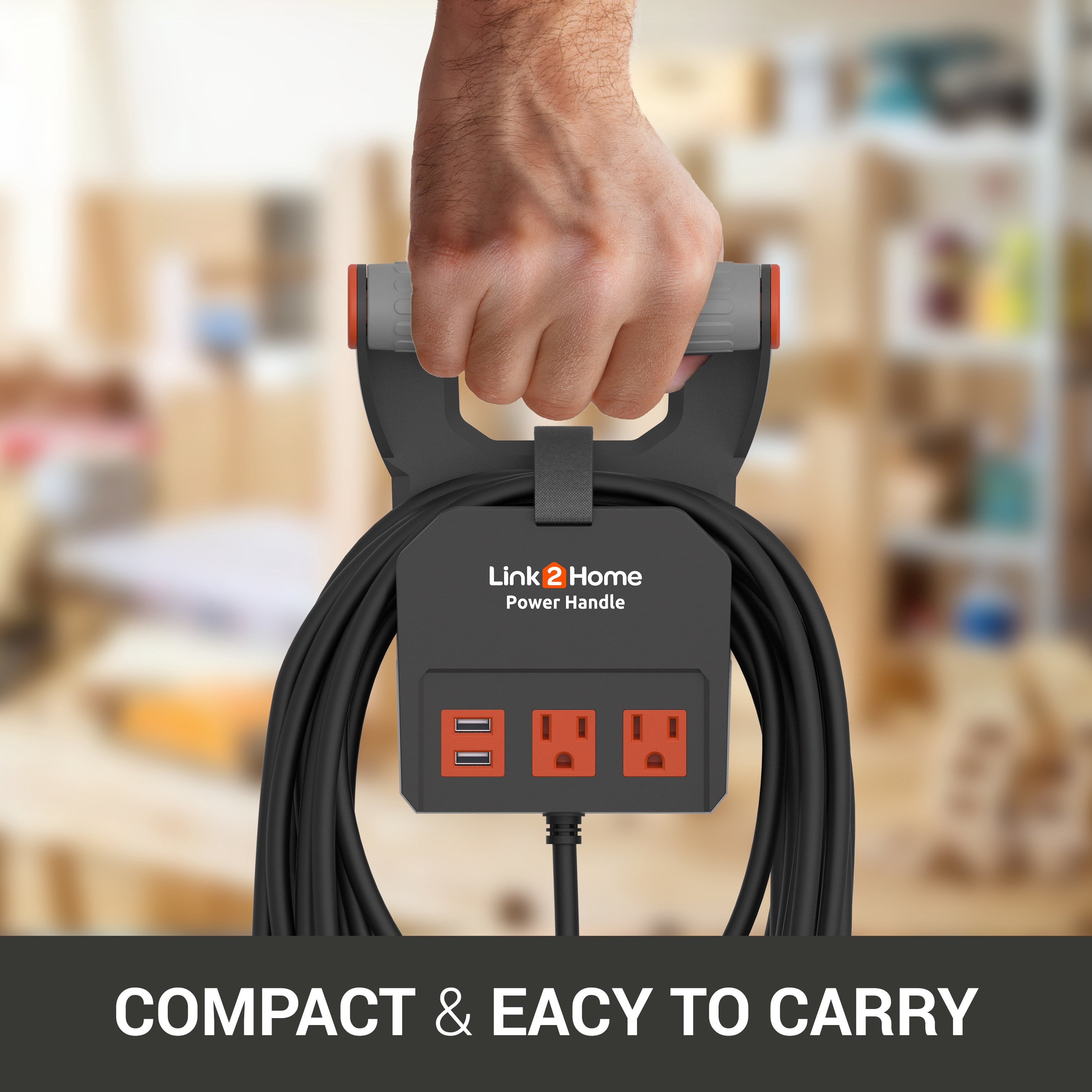 Link2Home Power Handle Extension Cord, 20 ft . 14AWG, 2 Outlets 15A