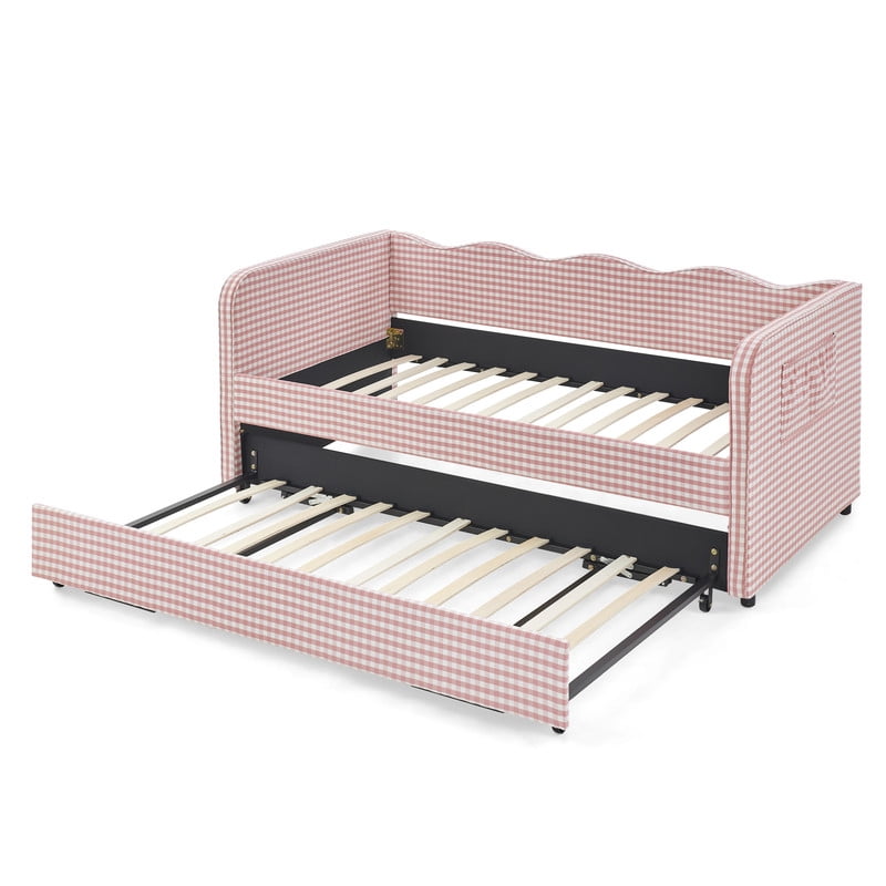 Twin Size Upholstery Daybed with Trundle, Twin to King Design Adorable Wave Shaped Extendable Gingham Sofa Bed for Living Room Bedroom, No Box Spring Required