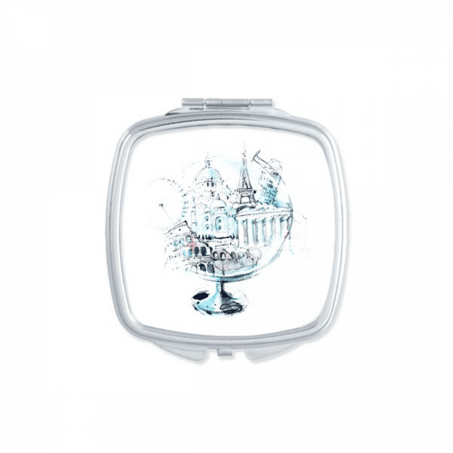 Globe London Eye Eiffel Tower Watercolor Mirror Portable Compact Pocket Makeup Double Sided Glass