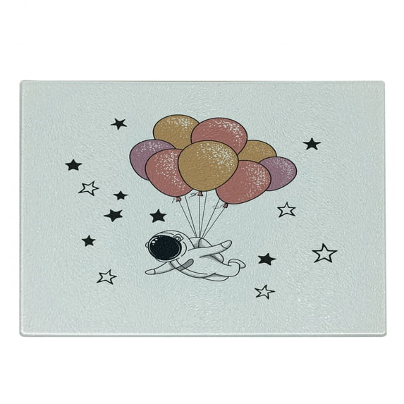 Astronaut Cutting Board, Spaceman Floating in the Space with Balloons Happy Birthday Cosmic Celebration, Decorative Tempered Glass Cutting and Serving Board, Small Size, Multicolor, by Ambesonne