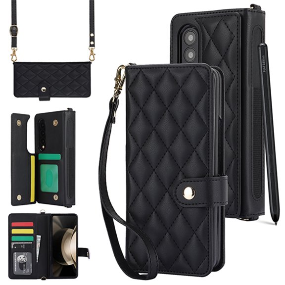 TECH CIRCLE for Samsung Galaxy Z Fold 4 Wallet Case with S Pen Holder, Premium Leather Magnetic Clasp Kickstand Crossbody Lanyard Wrist Strip Shockproof Stylish Protective Cover,Black