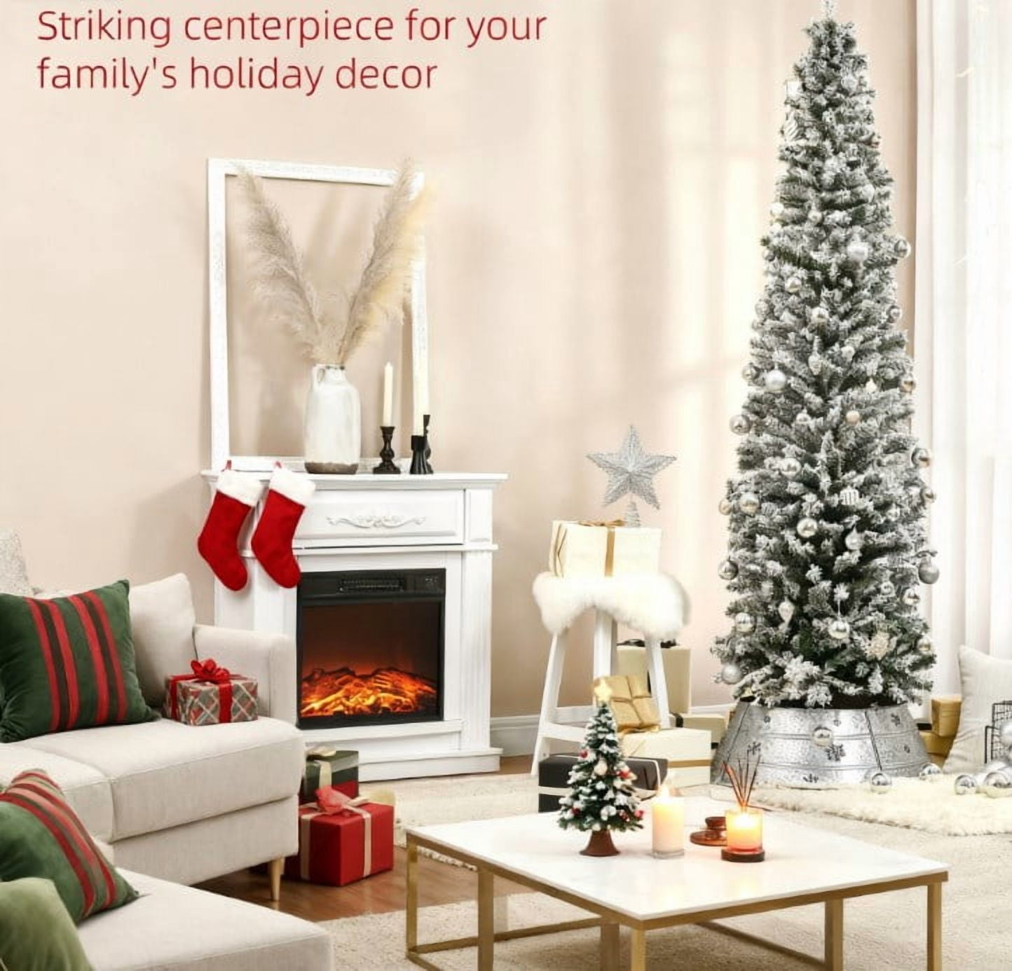 7.5ft Snow Flocked Pencil Christmas Tree 738 Tips Flame Retardant Small Space Holiday Decor