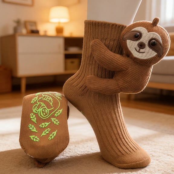 3D Knit Animal Socks for Kids,Sloth Hug Animal Socks Attached for adult,Cute Stuffed Christmas Gift,Cozy Floor Sock,Kids Size